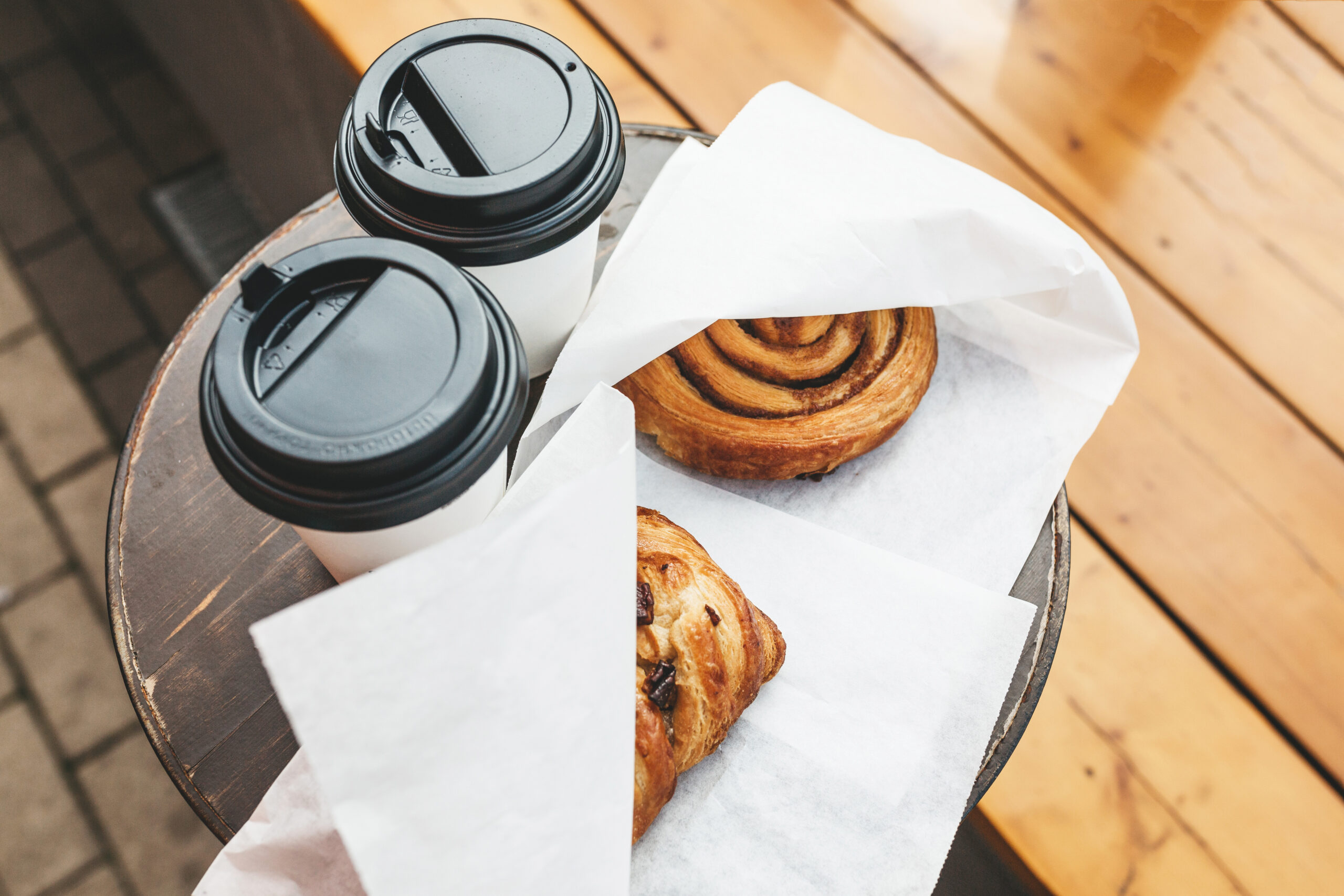 grab-and-go coffee and cinnamon rolls